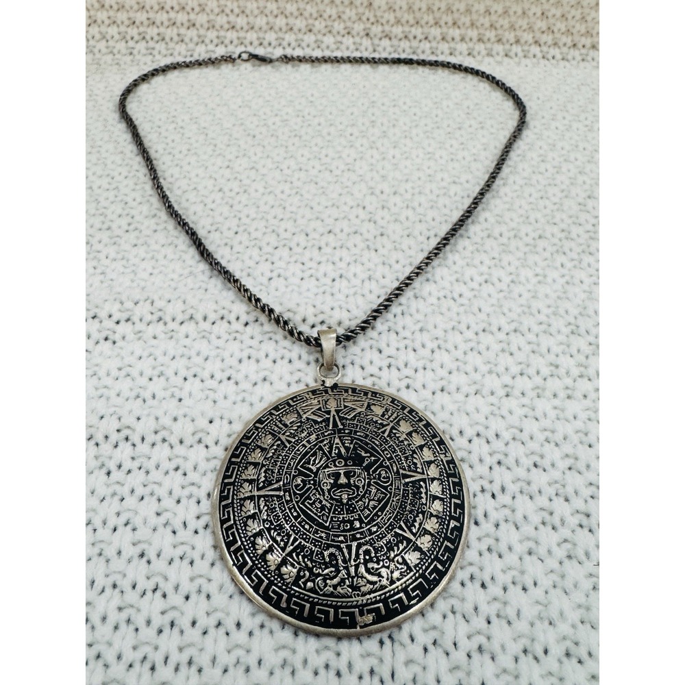 925 Sterling Silver Aztec Mayan Calendar Pendant Necklace 18"